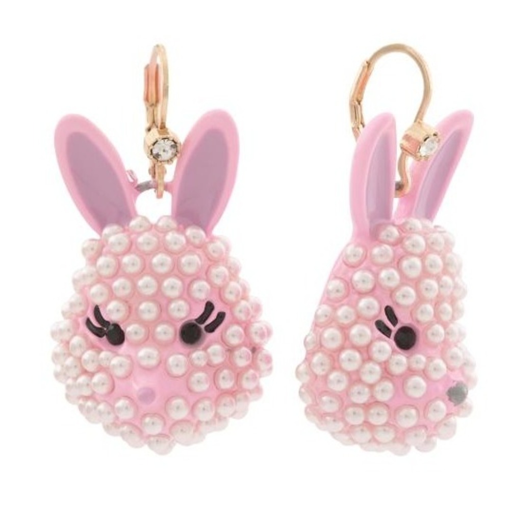 Betsey Johnson Pink Pearl Easter Bunny Drop Earrings Gold Tone Faux Pearl Spring
